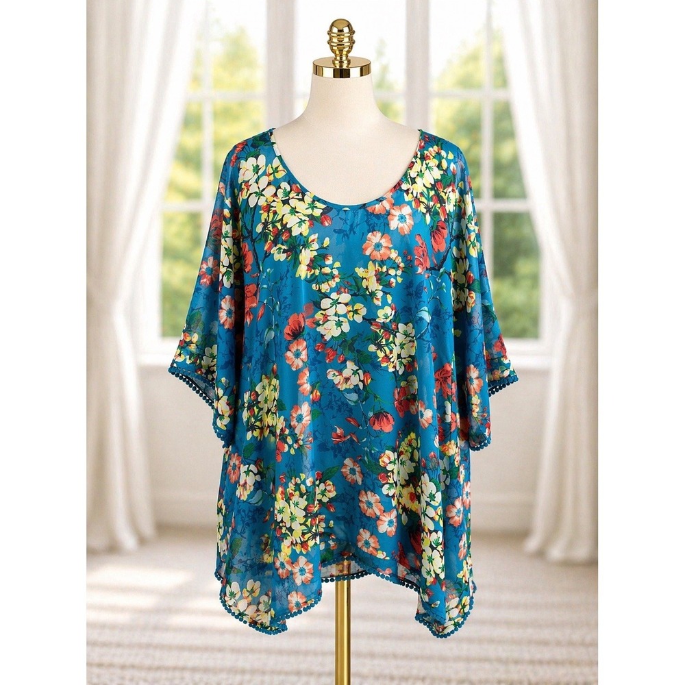 Lands End Swim Beach Cover Up Kimono Tunic Dress Oversized XS‎ Boho Pom Pom Trim
